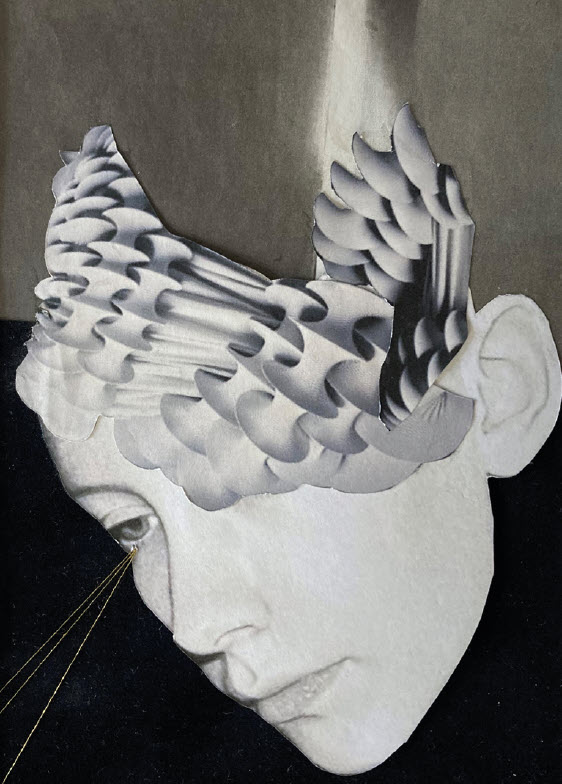 Helga Raimondi, „Sightlines Through a Fragmented World“, 2025, Papier, Goldfaden, schwarzer Samt, 30 x 24 cm, gerahmt
