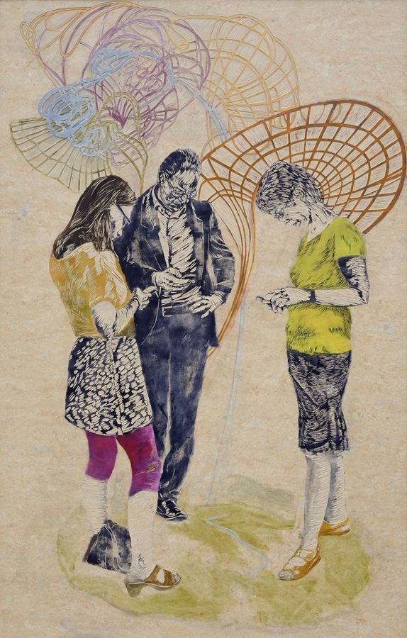 Kommunikation, 2016, Linolschnitt-Alkydfarbe, 200 x 128