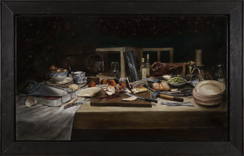 Sador Weinsčlucker, in trauter runde, 2025, Öl auf Leinwand, 100 x 170 cm