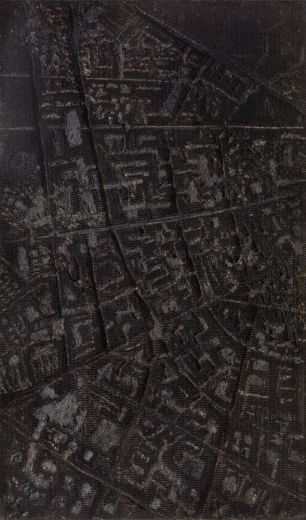 Trak Wendisch, Stadt 6, 2019, Relief in Wabenpappe, gebrannt, 200 x 118 x 4 cm