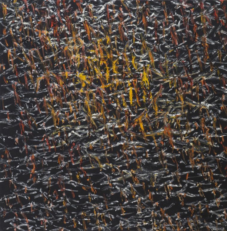 Trak Wendisch, Vögel III, 2017, Mischtechnik auf Jute, 130 x 130 cm