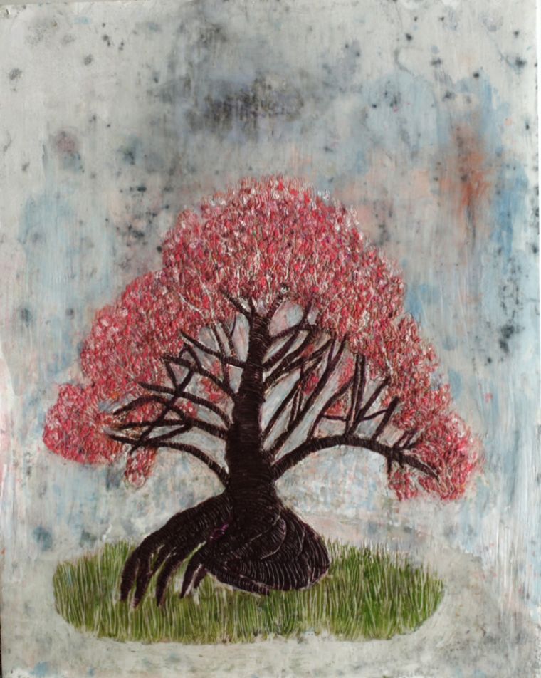 Bonsai 2, 2024, Paraffin und Acryl auf Papier, 50 x 40 cm