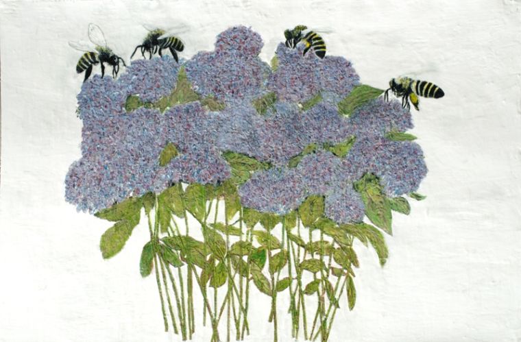 Bienen auf Hortensie 2, 2024, Paraffin und Acryl auf Papier, 85 x 127 cm