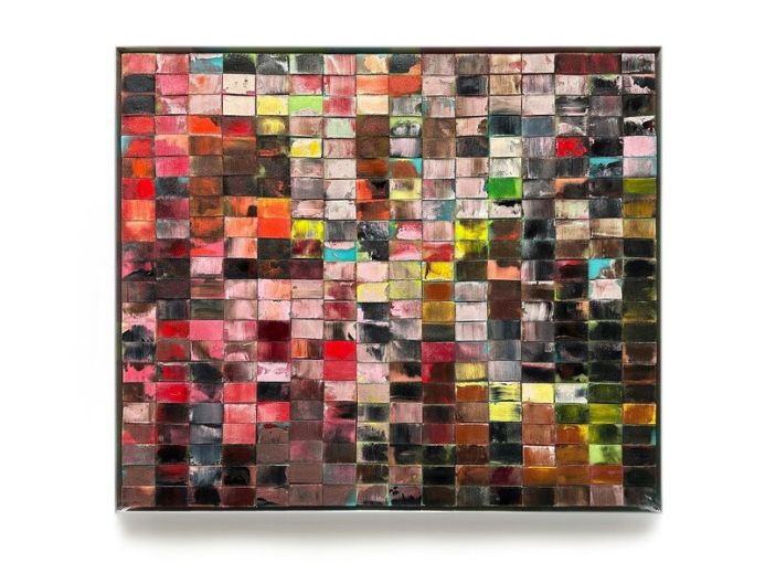 Fragments of Red, 2024, Acryl, Harz auf Topfreiniger, 110 x 127 cm