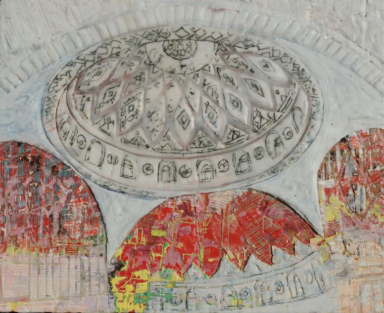 Kuppel 1, 2019, Paraffin und Acryl auf Holz, 34 x 42 cm