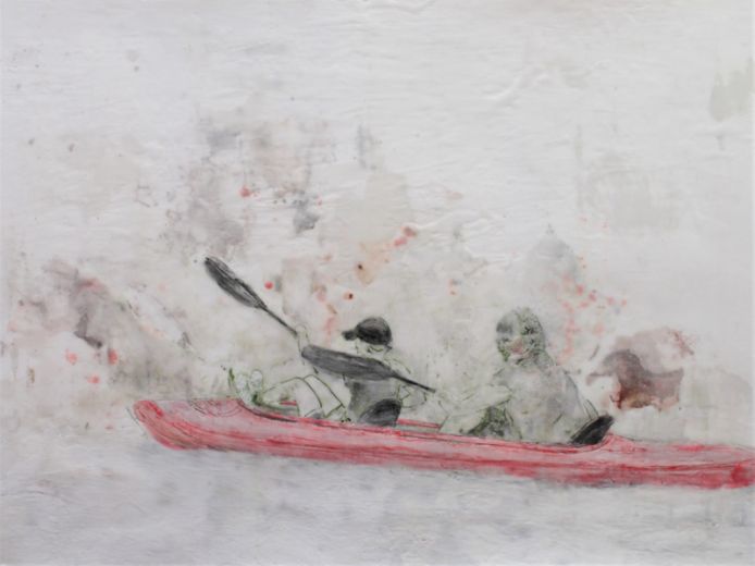Kajak, 2023, Paraffin und Acryl auf Papier 60 x 80 cm