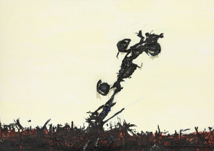 Trak Wendisch, Barrikade vor gleichgültigem Himmel, 2022, Mischtechnik auf Leinwand, 140 x 200 cm