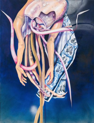 Verstrickung, 2024, Acryl/Öl/Spraypaint auf Leinwand, 130 x 100 cm