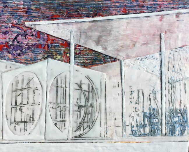 Kanzleramt, 2019, Paraffin und Acryl auf Holz, 34 x 42 cm