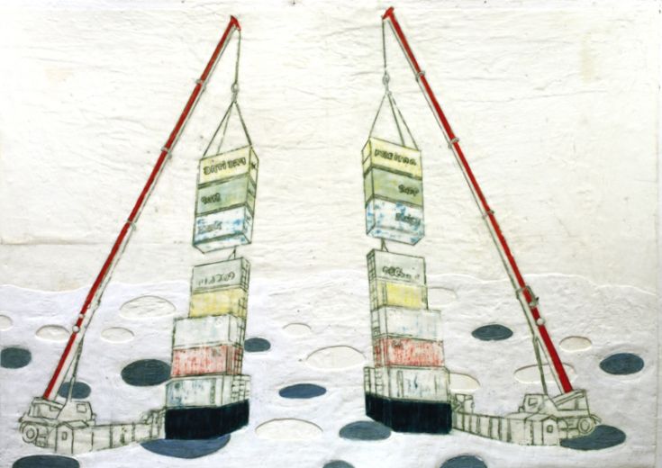 Ich bin 2 Portainer, 2024, Paraffin und Acryl auf Papier, 90 x 132,5 cm