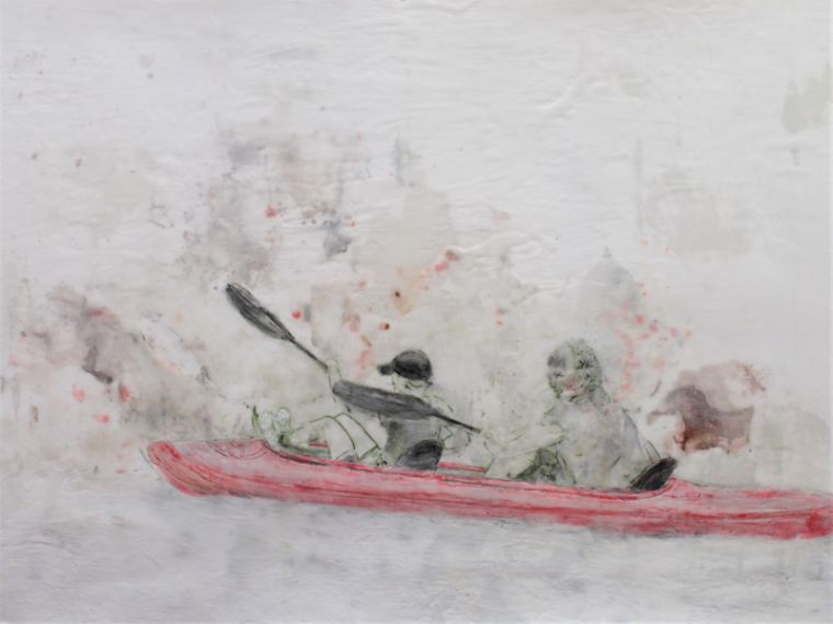 Kajak, 2023, Paraffin und Acryl auf Papier 60 x 80 cm
