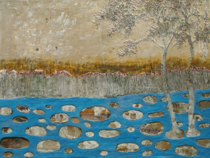 Mond im Schilf, 2023, Paraffin und Acryl auf Leinwand, 60 x 80 cm