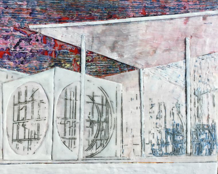 Kanzleramt, 2019, Paraffin und Acryl auf Holz, 34 x 42 cm