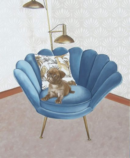 Mops im Sessel, 2024, 85 x 70 cm