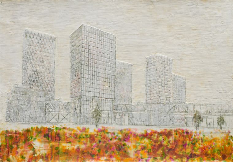 Gleisdreieckpark, 2022, Paraffin und Acryl auf Papier, 70 x 100 cm