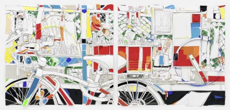 Fahrrad und Flohmarkt, 2016, 130x360 cm