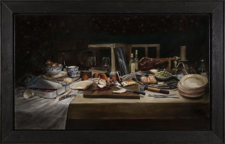 Sador Weinsčlucker, in trauter runde, 2025, Öl auf Leinwand, 100 x 170 cm