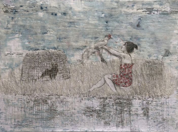 Asien 4 , 2023, Paraffin und Acryl auf Papier, 60 x 80 cm